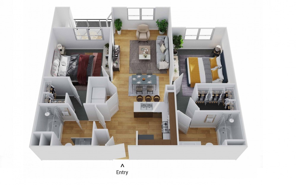 B1 - 2 bedroom floorplan layout with 2 baths and 1022 square feet.