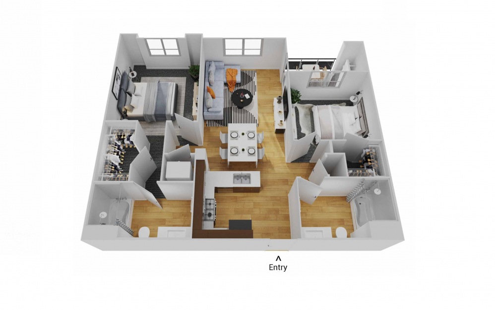 B2.4 - 2 bedroom floorplan layout with 2 baths and 1058 square feet.