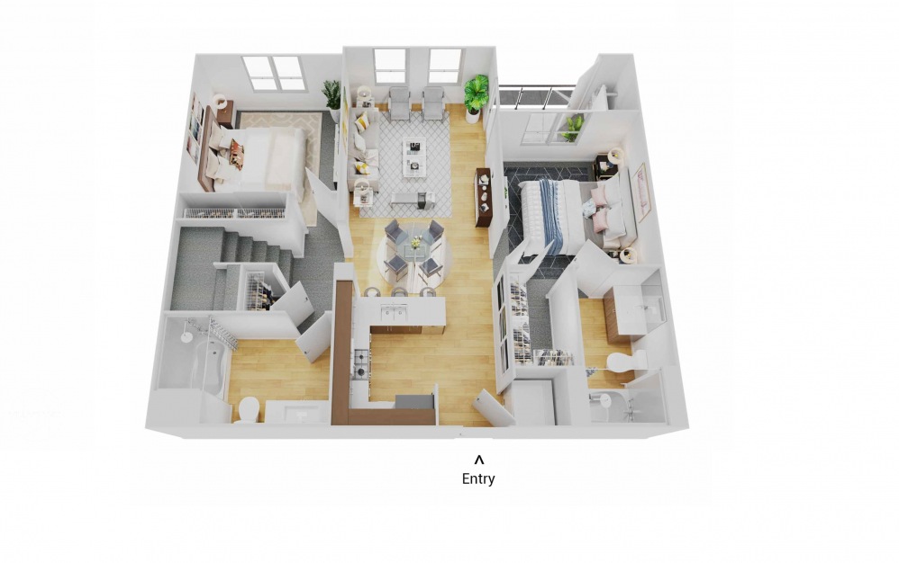 B2L - 2 bedroom floorplan layout with 2 baths and 1227 square feet. (Floor 1)