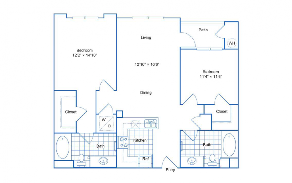 B2 - 2 bedroom floorplan layout with 2 baths and 1045 square feet.